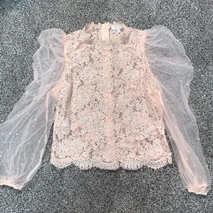 Pink Lace Bubble Pearl Mesh Sleeve Blouse (Snug Large)